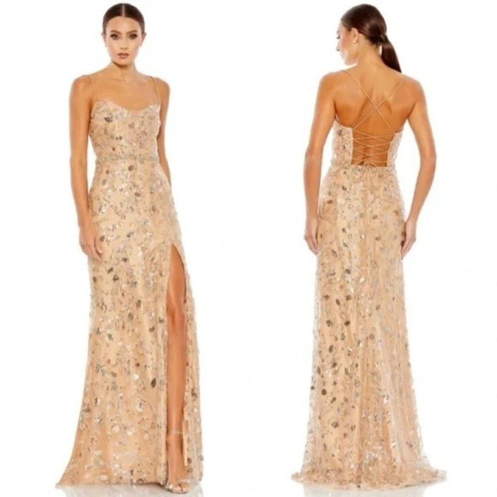 Mac Duggal Embellished Sleeveless Corset Gown Maxi Dress 68049 Nude Size 10 NWT